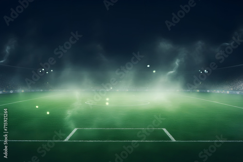 textured soccer game field with neon fog - center, midfield, 3D Illustration © Prasanth