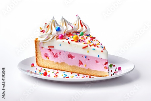 A slice of a delicious, frosted birthday cake featuring a decorative design and pastel colors
