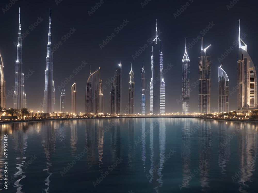 Fototapeta premium Nighttime Beauty Reflected in the Waters Along the Coast. Generative AI