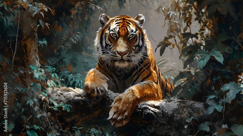 Tiger in the Jungle  Roman-Style Canvas Painting - Generative AI