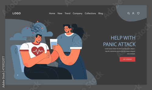 Panic attack web banner or landing page dark or night mode. Mental health disorder. Phobia, frustration and constant stress. Psychotherapy and emotional support idea. Flat vector illustration