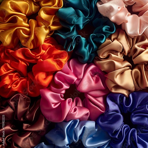 Photography of multiple elastic hair scrunchies in different colors from a topdown view. Concepts of fashion, beauty, hair accessories photo