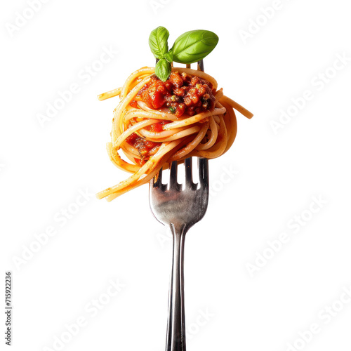 Spaghetti bolognese with basil leaf on a fork.