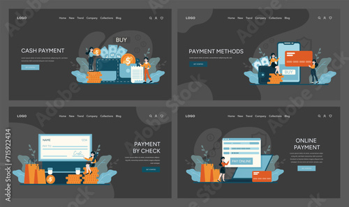 Web Interface Payment Methods set. Interfaces for cash transactions, various payment options, check processing, and secure online shopping. Flat vector illustration