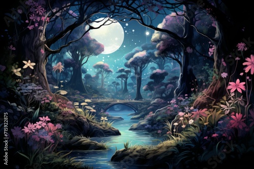 Tranquil moonlit gardens  blooming with exotic flowers and serenity under the moon s gentle gaze - Generative AI