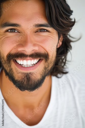 Closeup photo portrait of a handsome latino man smiling with clean teeth. for a dental ad