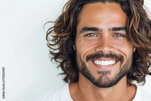 Closeup photo portrait of a handsome latino man smiling with clean teeth. for a dental ad photo