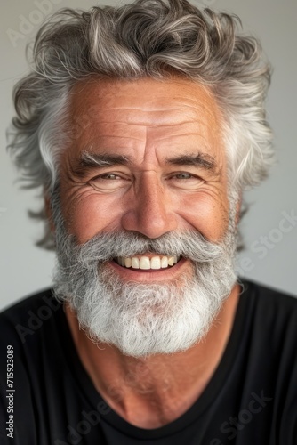 Closeup photo portrait of a handsome old mature man smiling with clean teeth