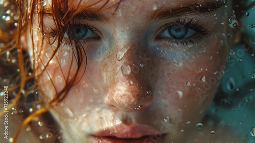 Portrait of a girl with red hair in the water