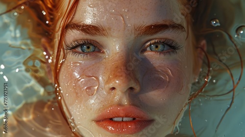 Portrait of a girl with red hair in the water