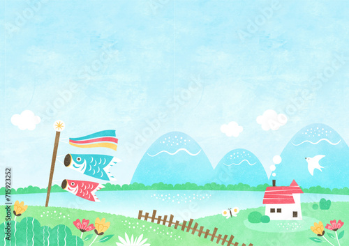 鯉のぼりが泳ぐ「こどもの日」の背景イラスト 自然あふれる水彩風景