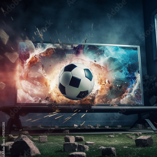 illustration of a soccer ball flying out of a TV screen. Created with Generative AI photo