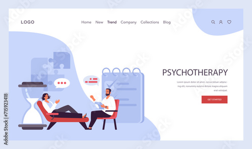 Psychotherapy web banner or landing page. Psychiatrist consulting patient on mental health disorders. Thoughts and emotions analysis. Group, drug, art and animal therapy. Flat vector illustration