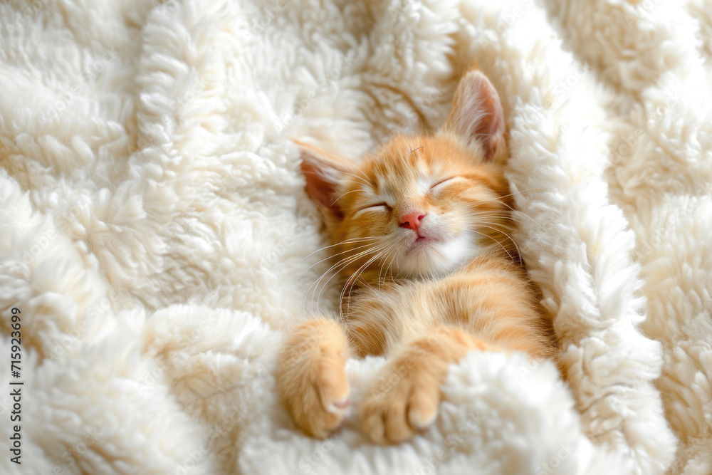 Cute little ginger kitten sleeps on its back on white soft blanket