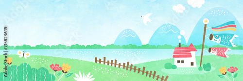 鯉のぼりが泳ぐ「こどもの日」の背景イラスト 自然あふれる水彩風景