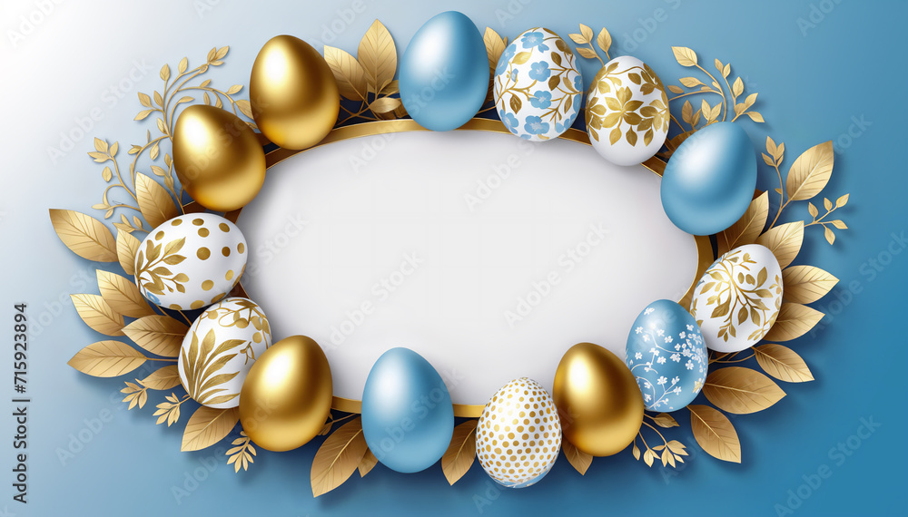 Fototapeta premium Easter banner background. A white oval frame surrounded by gold foliage and easter eggs in blue, gold, and white with floral motives. Banner for social media, greeting cards, or web advertising