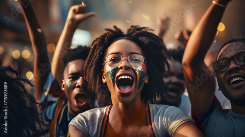 Excited african woman joyfully reacts to significant mass event among other people