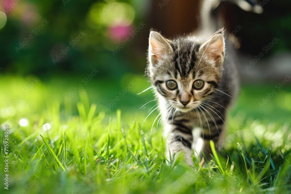 Small tabby kitten walking outdoors in summer, portrait on grass