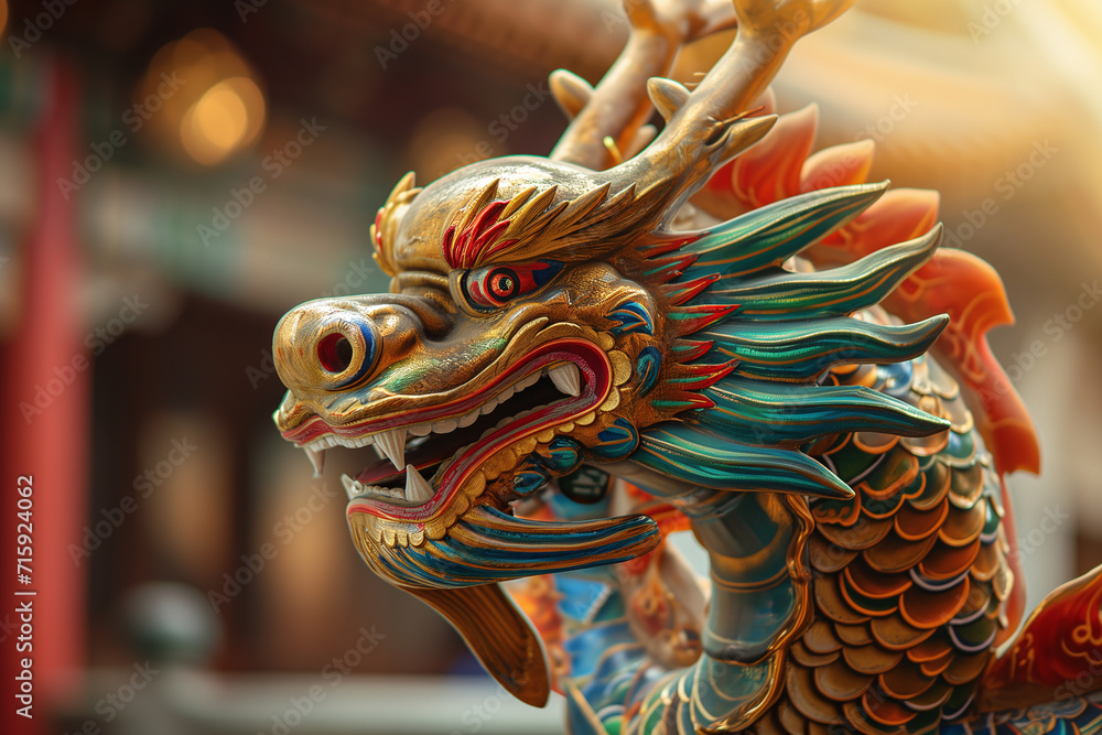 A carved and colorful dragon, Chinese New Year. A carved and colorful dragon, Chinese New Year.