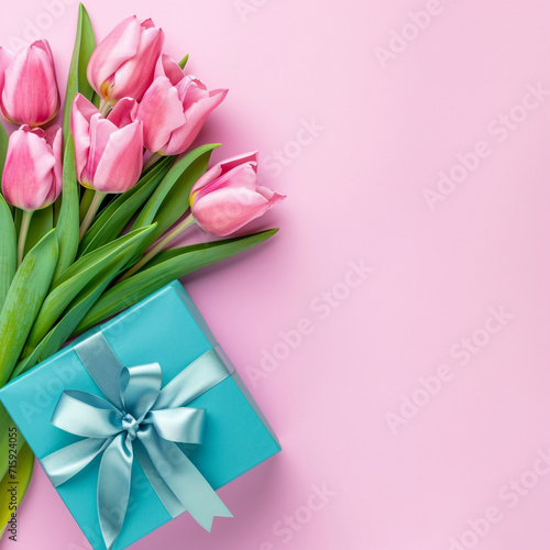 bouquet of tulips and Valentine's Day gift box