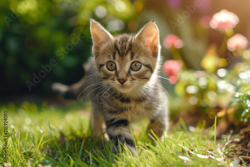 Small tabby kitten walking outdoors in summer, portrait on grass