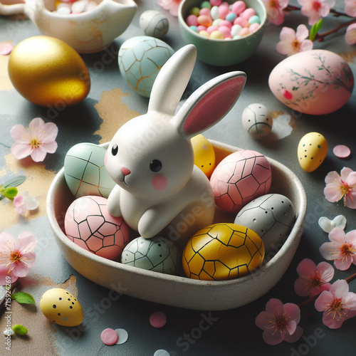 cute easter landscape with bunny and colored eggs in basket	 photo