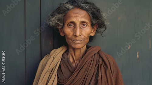 Photorealistic Old Indian Woman with Brown Curly Hair vintage Illustration. Portrait of a person in Great Depression era aesthetics. Historic movie style Ai Generated Horizontal Illustration.