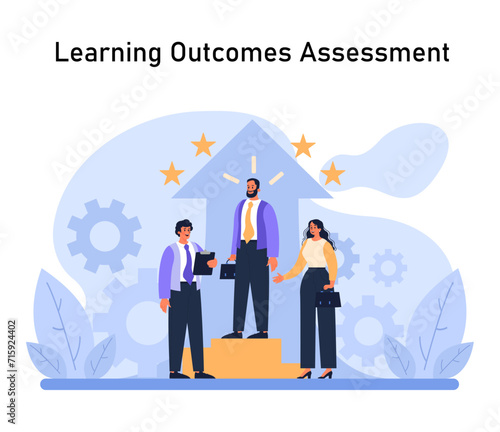 Evaluators celebrate a successful learning outcomes assessment. With gleaming stars and cogwheels, they mark milestones, ensure quality, and highlight individual growth. Flat vector. photo