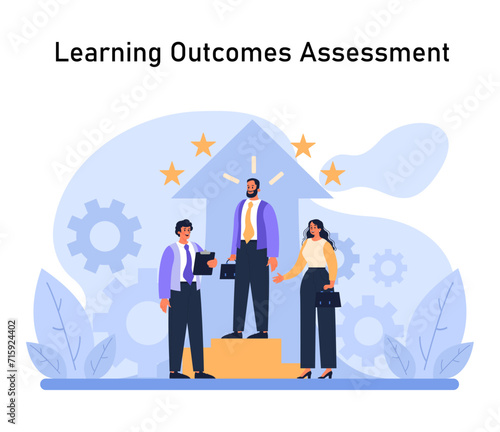 Evaluators celebrate a successful learning outcomes assessment. With gleaming stars and cogwheels, they mark milestones, ensure quality, and highlight individual growth. Flat vector.
