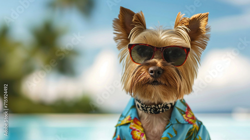 A dapper Yorkie sporting a Hawaiian shirt and sunglasses, posing as if ready for a tropical vacation. The contrast between the dog's small stature and the beach-ready outfit adds a © Наталья Евтехова