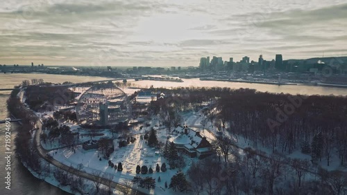 Montreal, Canada - January 8 2023: Ariel view of Biosphere of Montreal in a snowy winter day photo