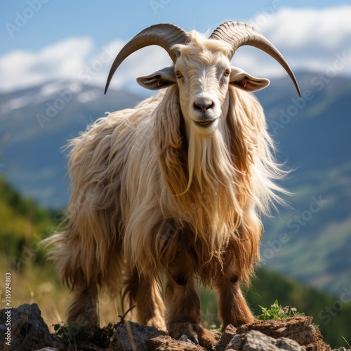 A photo of a goat standing with mountain Generative AI