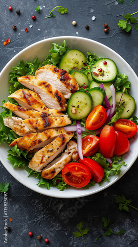 Grilled Chicken Salad with Fresh Vegetables and Herbs. Top Down View. 