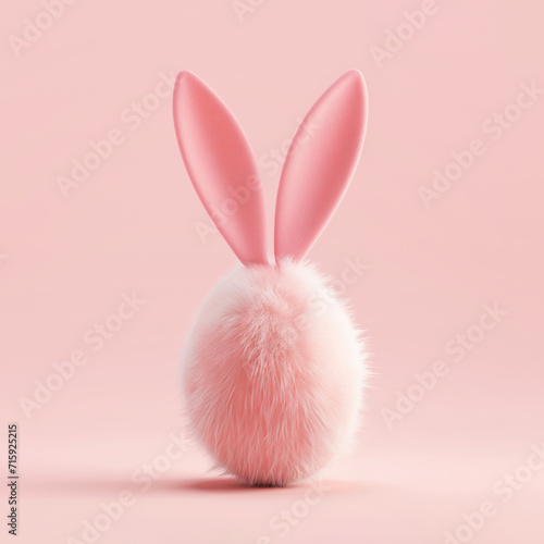Fluffy pink egg with bunny ears on pink background. Minimal-styled conceptual Easter card.