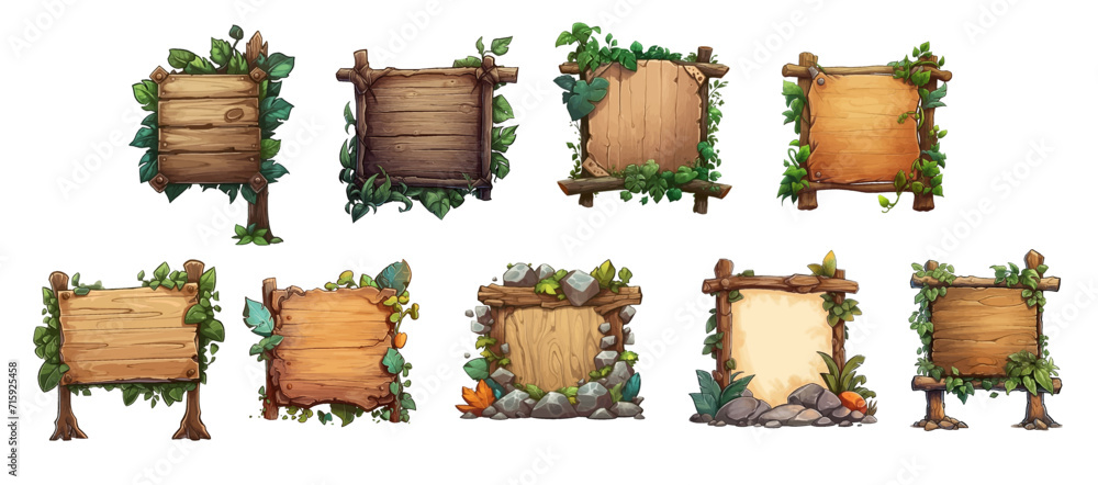 Wooden sign with leaves and stones in cartoon style. Ancient tablet with empty space on a white background. Fairy tale signs made of wood. Design for cartoon, book, game. Vector illustration Wooden sign with leaves and stones in cartoon style. Ancient tablet with empty space on a white background. Fairy tale signs made of wood. Design for cartoon, book, game. Vector illustration