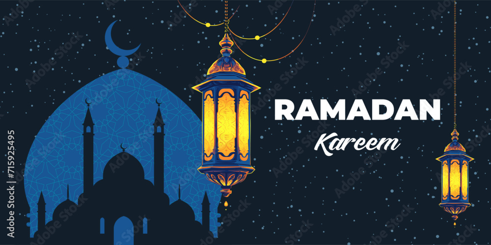 Islamic holy month Ramadan Kareem horizontal poster. Arab festive lantern on mosque and night stars. Muslim holiday placard. Islam celebration art print. Eid Mubarak greeting card. Vector eps