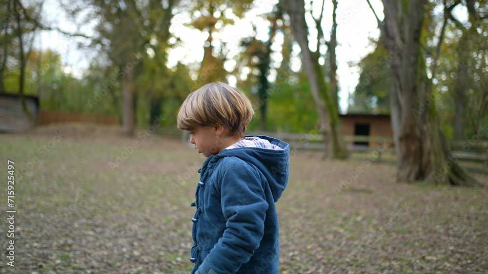 Child walks in outdoor park during autumn fall season wearing jacket. Profile body of little boy walking in nature Child walks in outdoor park during autumn fall season wearing jacket. Profile body of little boy walking in nature