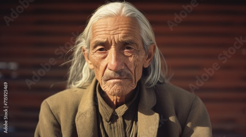 Photorealistic Old Latino Man with Blond Straight Hair vintage Illustration. Portrait of a person in Great Depression era aesthetics. Historic movie style Ai Generated Horizontal Illustration.