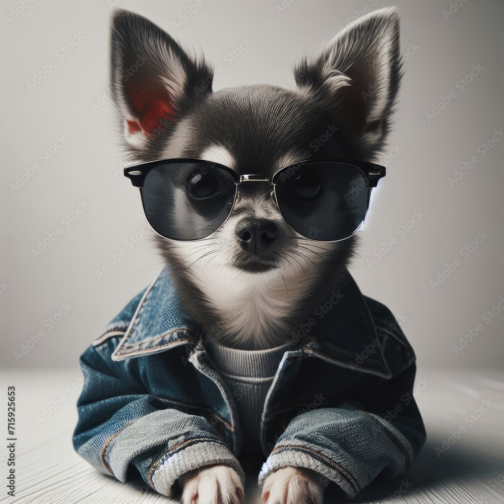 a dog in a denim jacket and sunglasses
