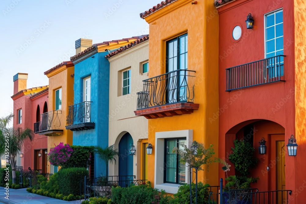 Colorful stucco finish traditional private townhouses. Residential architecture exterior.