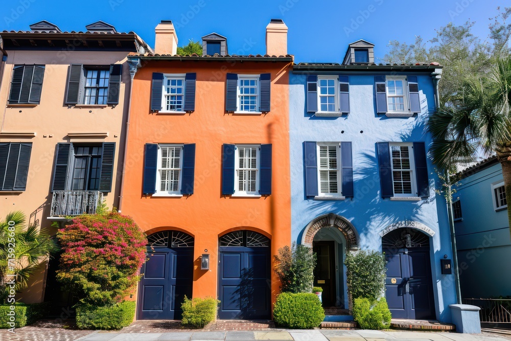 Colorful stucco finish traditional private townhouses. Residential architecture exterior.