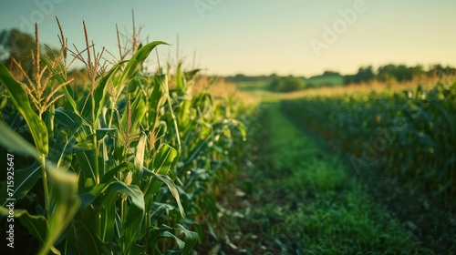 Beautiful scenic view on field of corn. dusk, footpath, high grass plants and crops. blue sky in the background 
