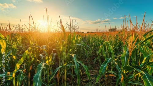Beautiful scenic view on field of corn. dusk  footpath  high grass plants and crops. blue sky in the background 
