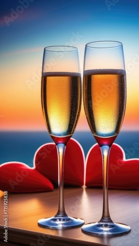 Champagne for valentines day background with two champagne glasses on sky, sea bokeh background. Valentines day, Mothers day drink concept image. Vertical banner for Valentines Day card. Copy space.