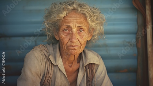 Photorealistic Old Latino Woman with Blond Curly Hair vintage Illustration. Portrait of a person in Great Depression era aesthetics. Historic movie style Ai Generated Horizontal Illustration.