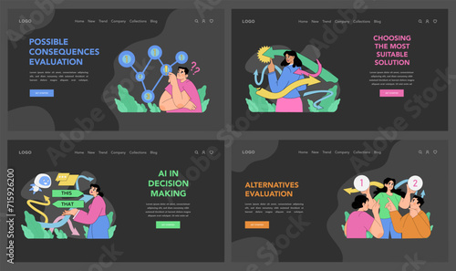 Decision making process set. Evaluating consequences, assessing risks and pinpointing optimal solutions. Diverse male and female characters navigate complex choices. Flat vector illustration