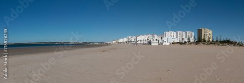 Panorama. Panoramic view of the beautiful Valdelagrana beach, located in El Puerto de Santa María, in the province of Cadiz, autonomous community of Andalusia, Spain photo