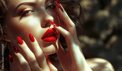Manicure, woman with painted nails, art nails, red colours