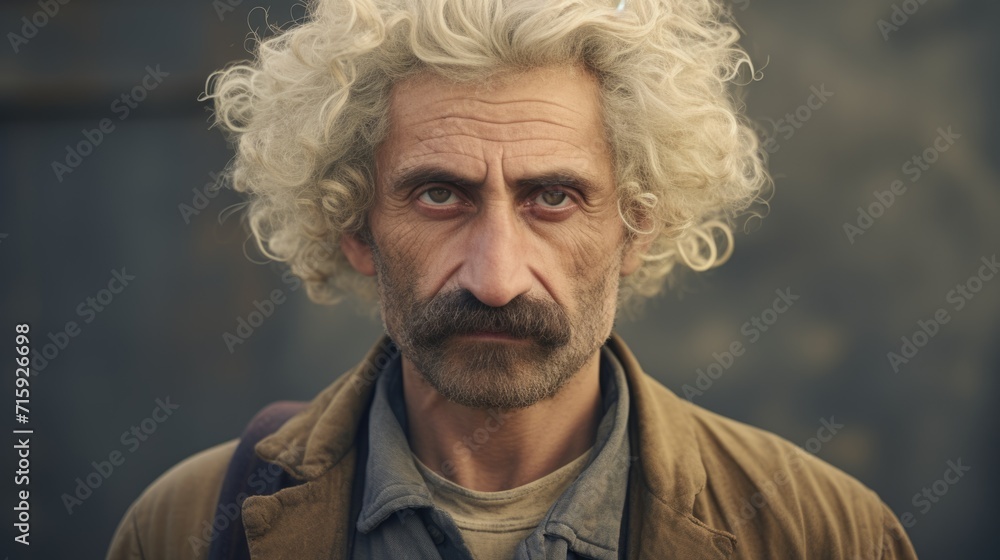 Photorealistic Old Persian Man with Blond Curly Hair vintage Illustration. Portrait of a person in Great Depression era aesthetics. Historic movie style Ai Generated Horizontal Illustration. Photorealistic Old Persian Man with Blond Curly Hair vintage Illustration. Portrait of a person in Great Depression era aesthetics. Historic movie style Ai Generated Horizontal Illustration.