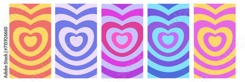 Set of Psychedelic retro neon tunnel in the shape of a heart. Hypnotic rainbow romantic 70s background vertical banner